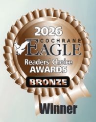 Bronze medal badge for the 2026 Cochrane Eagle Readers' Choice Awards with a ribbon rosette and the word Winner below.