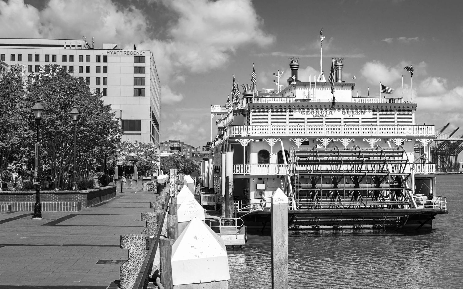 Black and white image of a paddle boat in Savannah