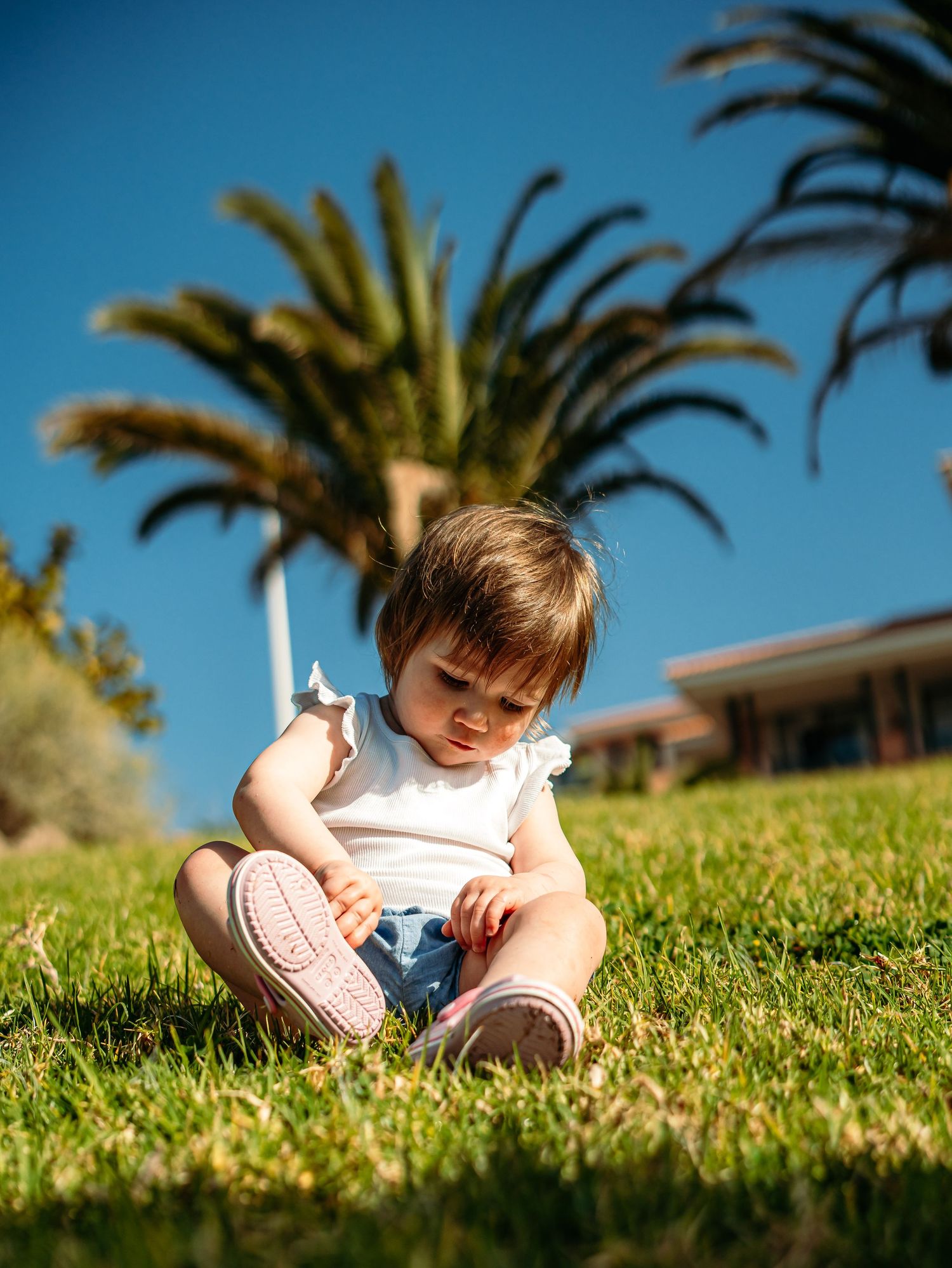 Adorable baby girl in white top and pink shoes sitting on lush green grass on sunny day.