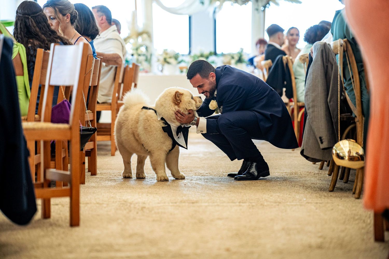 Groom kneeling to greet adorable golden retriever dog at wedding ceremony.