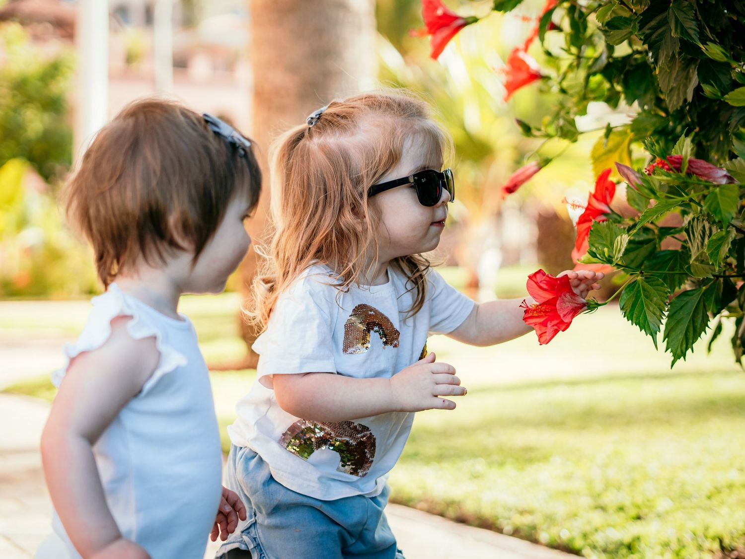 Two toddler girls examine red hibiscus flowers outdoors, one wearing sunglasses and a sequin t-shirt.