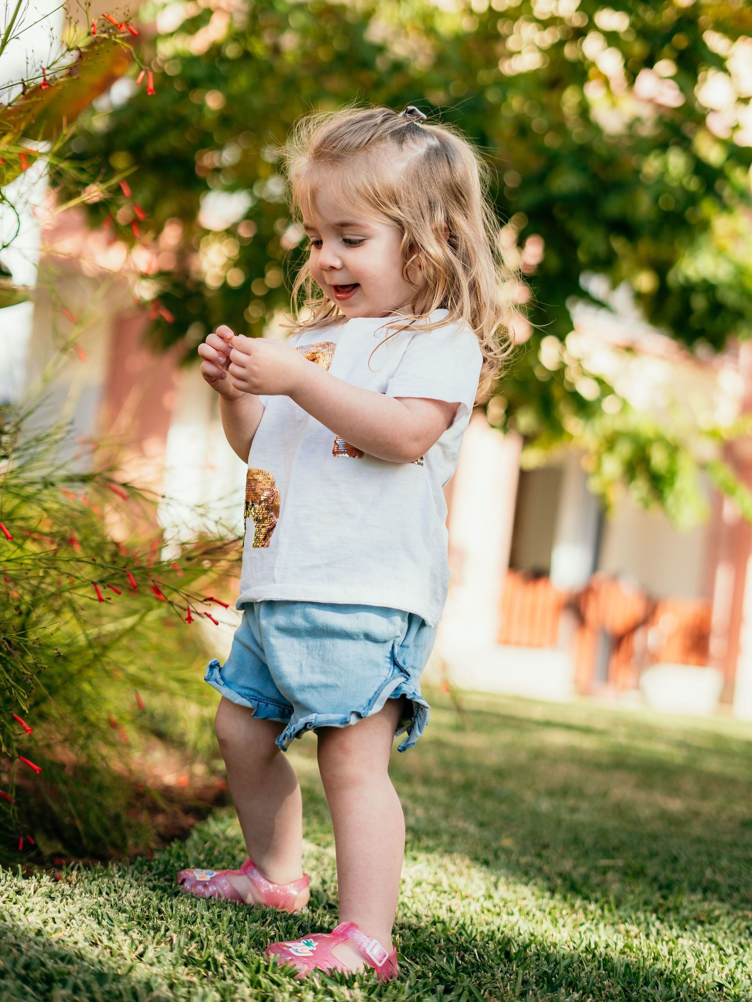 Toddler girl in white tee and denim shorts playing outdoors on green grass near red flowering shrubs.