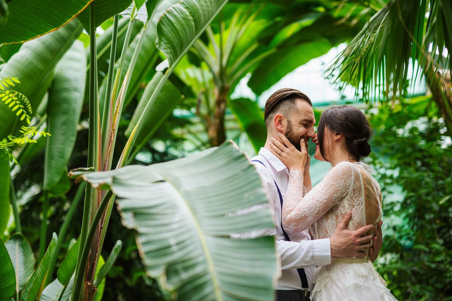 Wedding couple embracing and almost kissing among large tropical palm leaves in a green garden.