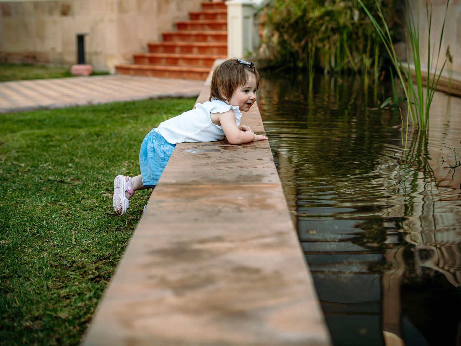 A curious toddler girl in blue skirt leans over a garden pond wall exploring the water.