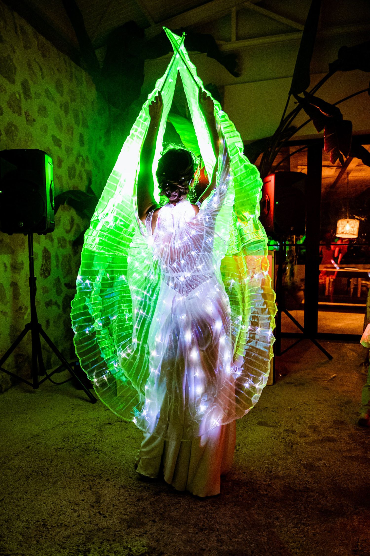 Performer in illuminated LED butterfly wings costume glows green at a wedding entertainment show.