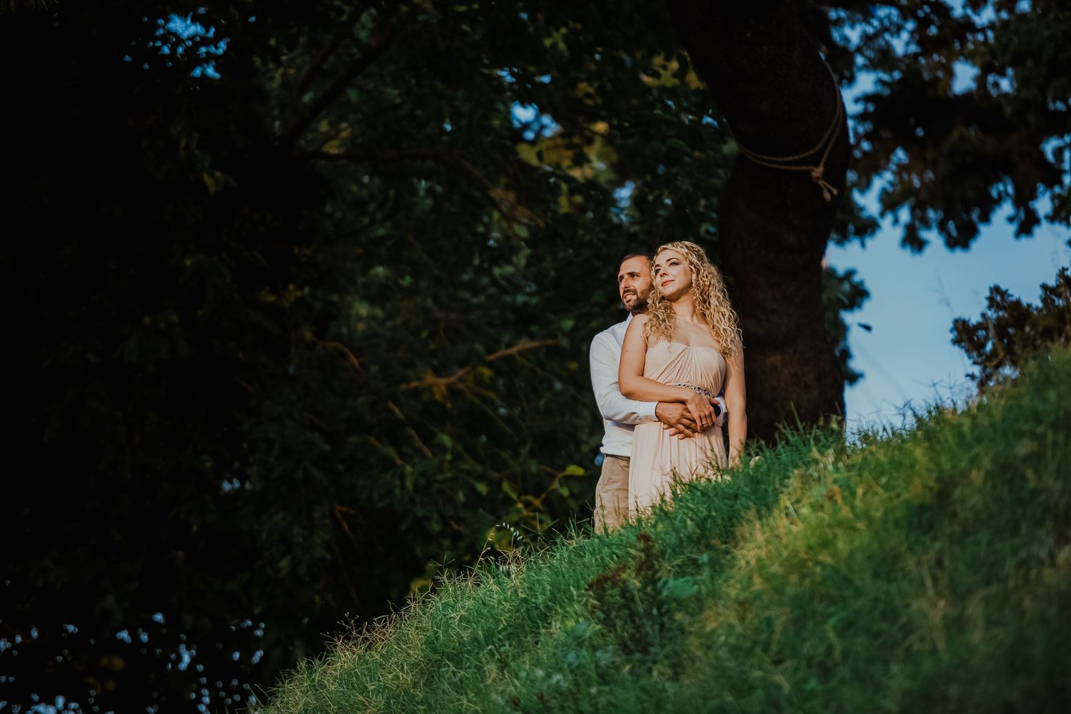 Romantic couple embracing on a green hillside under a large tree in warm golden hour light.
