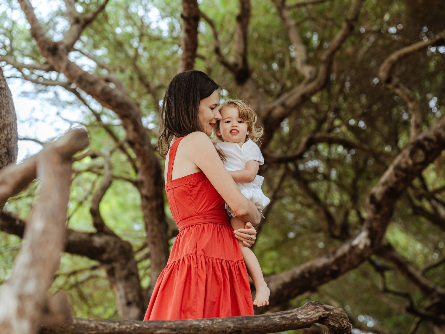 A mother in a red dress kisses her toddler while standing on a tree branch outdoors.