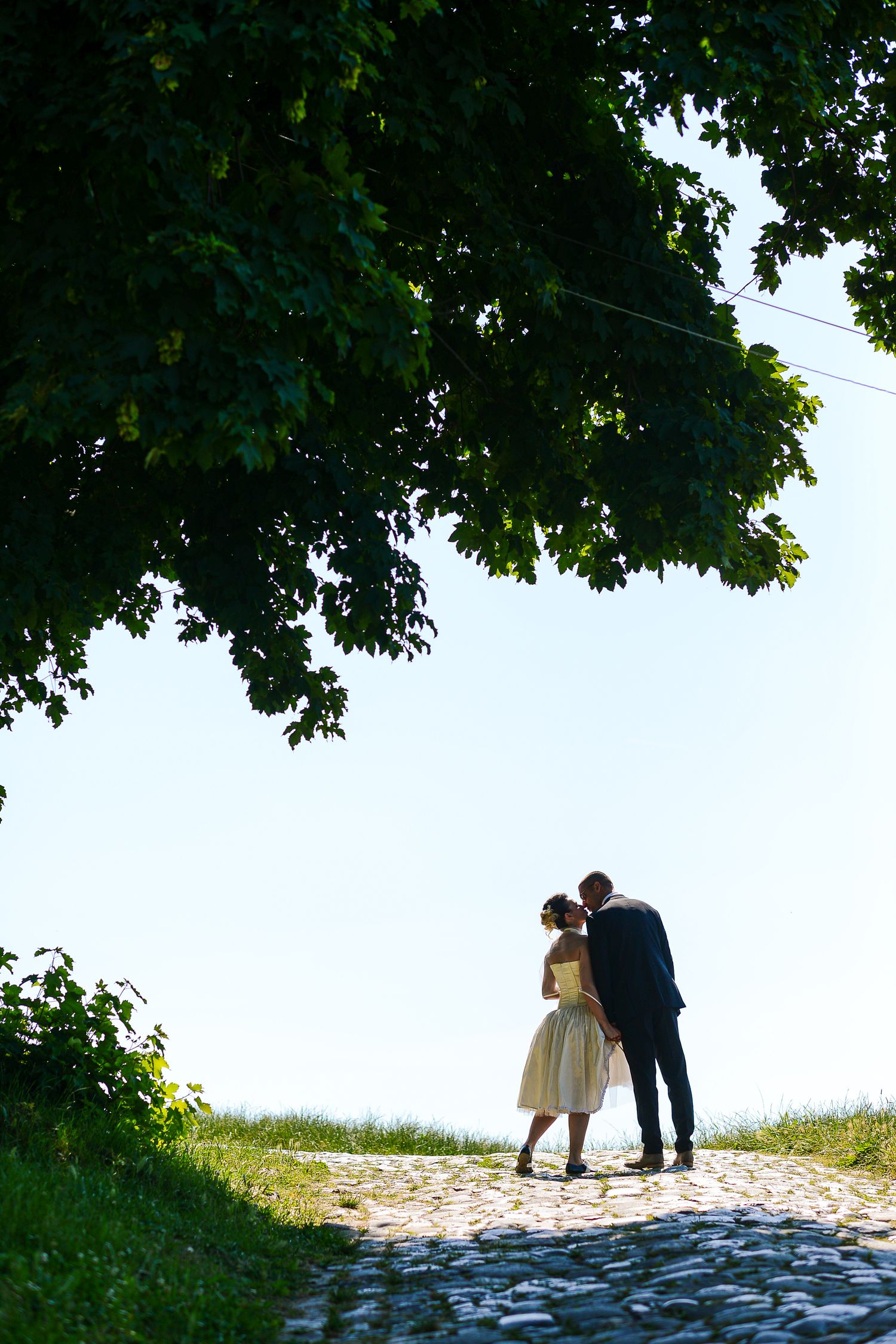 Bride and groom share a romantic moment on a cobblestone path beneath a large green tree.