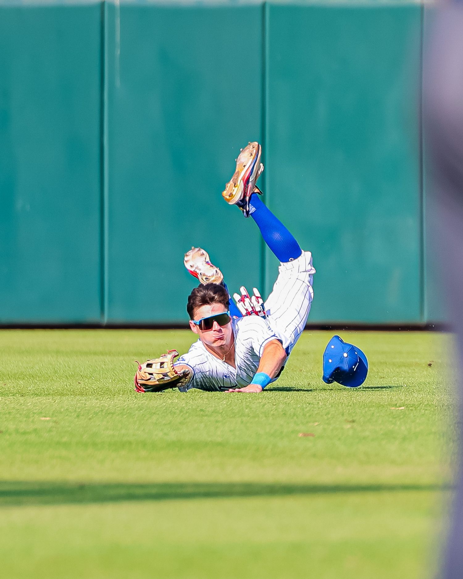 Baseball outfielder in blue uniform makes a diving catch, sliding across the outfield grass.