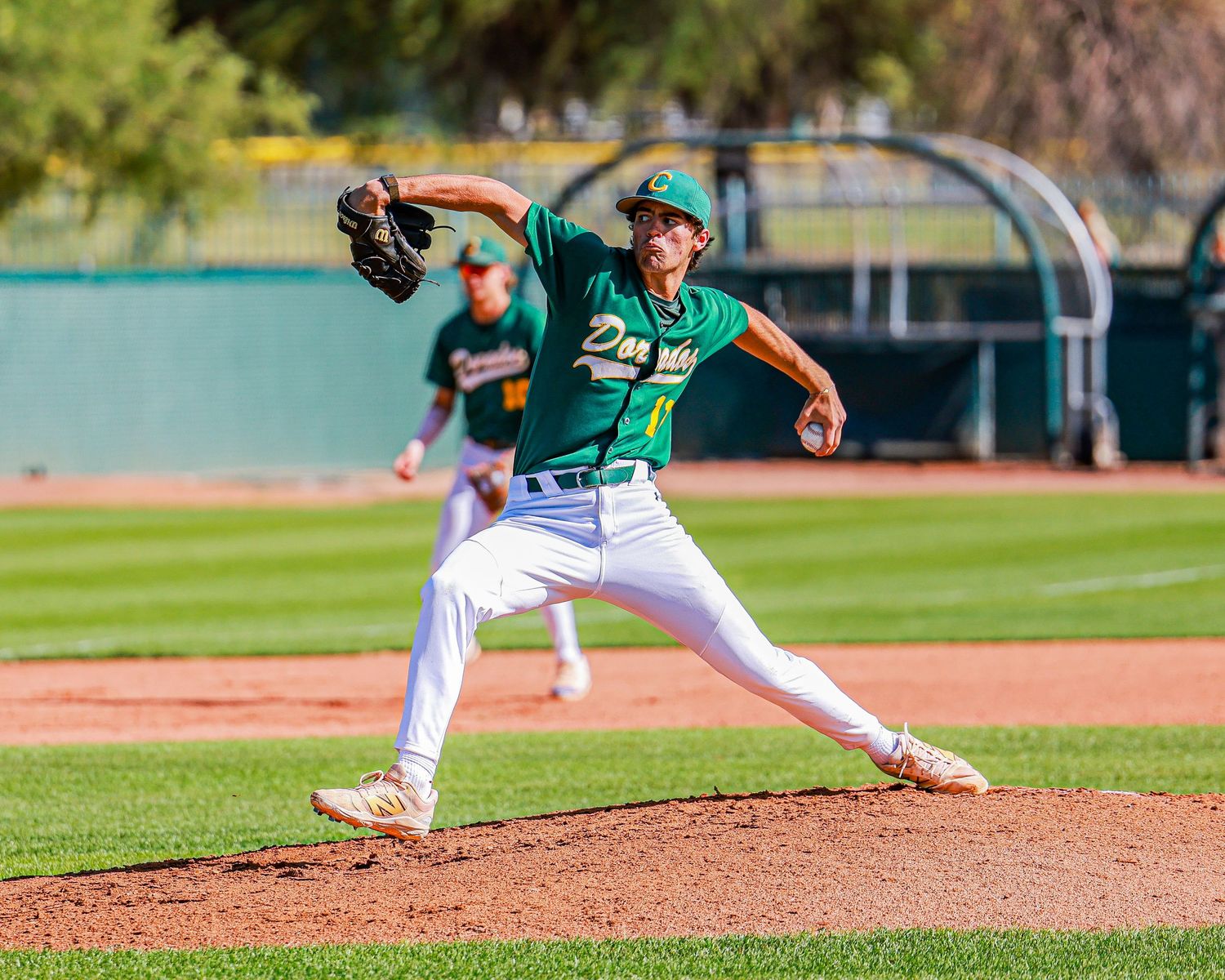 Baseball pitcher in green Dons uniform throws pitch during sunny afternoon game.