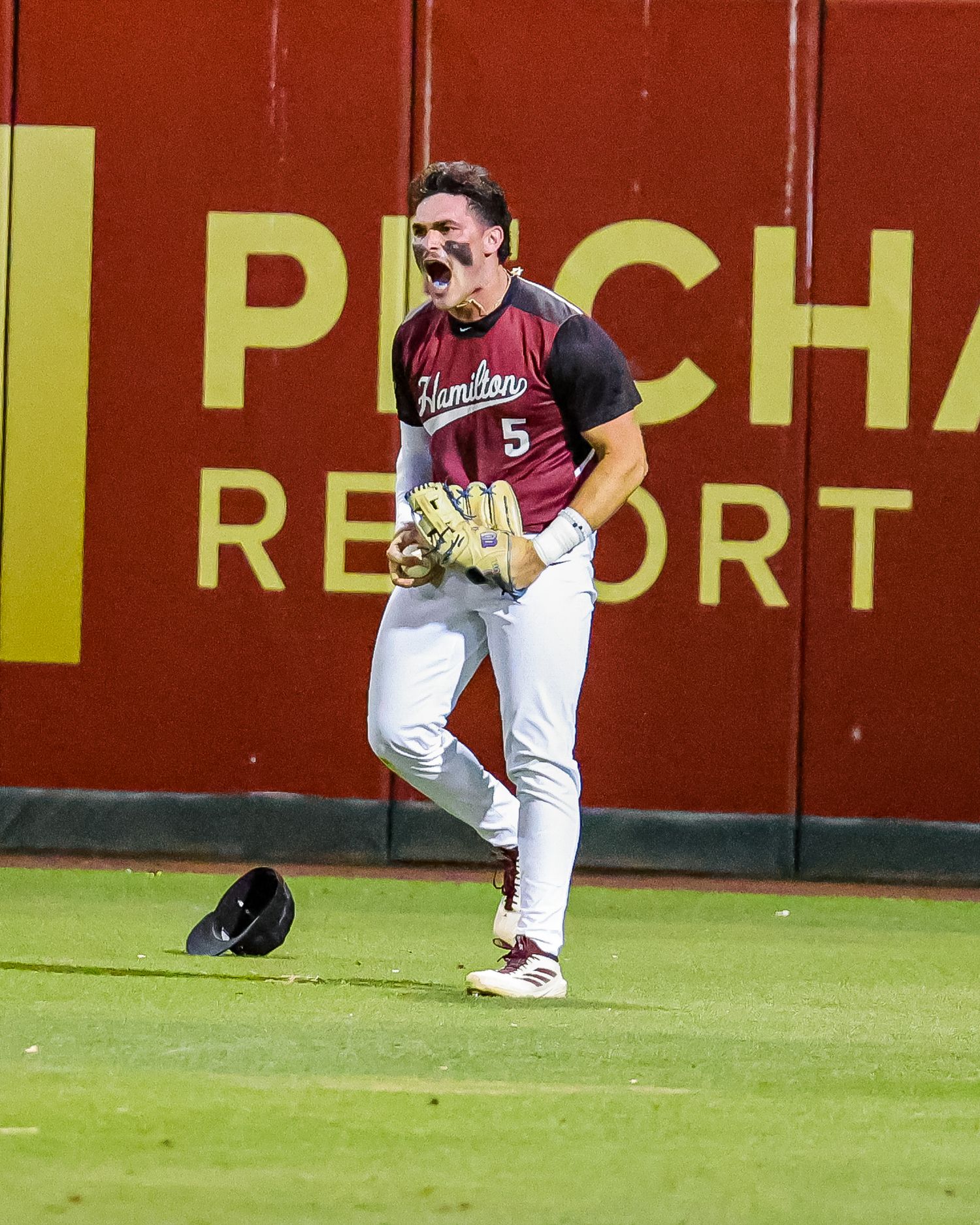 Baseball player #5 in Hamilton uniform celebrates with an emotional outfield reaction during a night game.