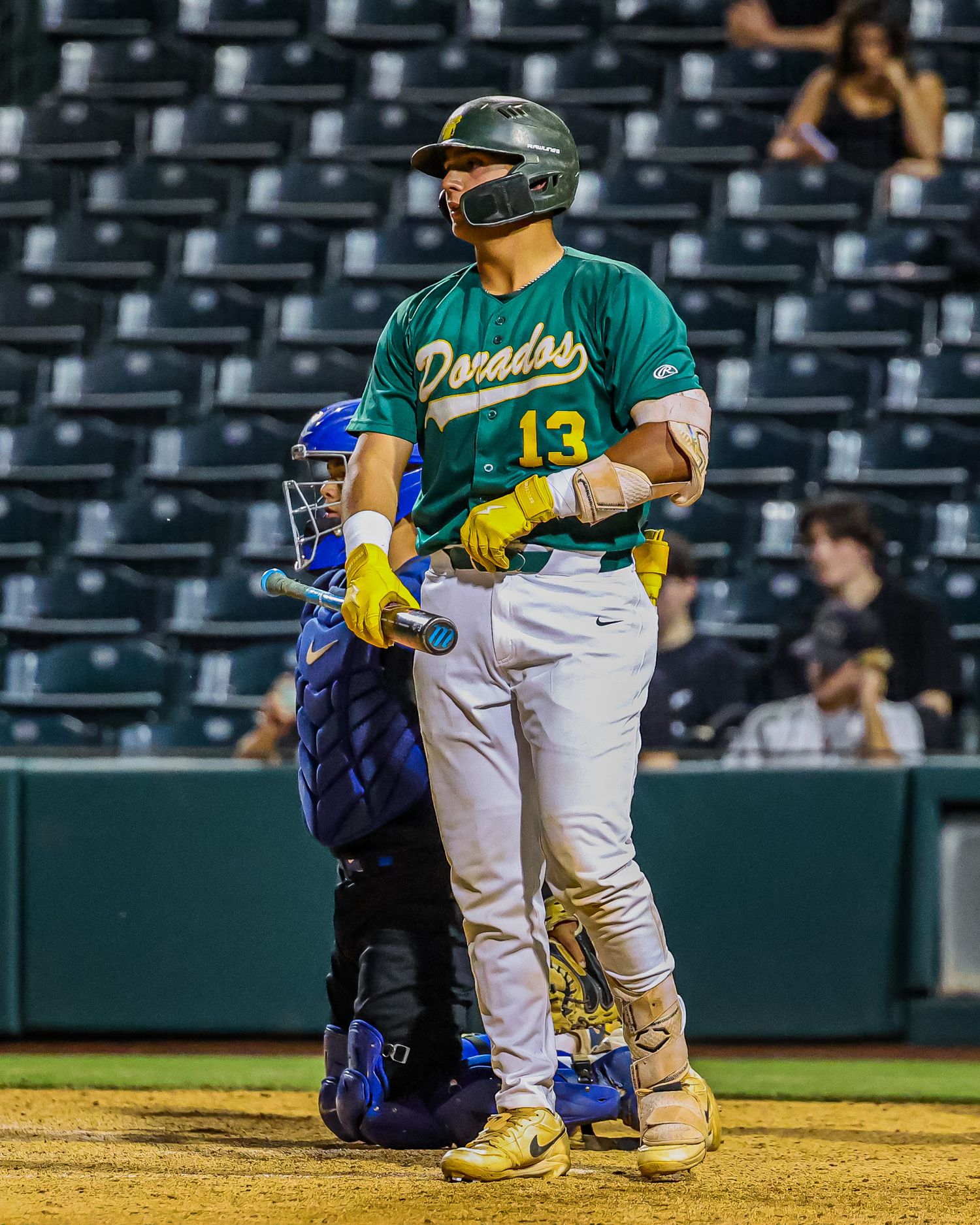 Dorados baseball player number 13 in green uniform stands at plate with catcher behind him.