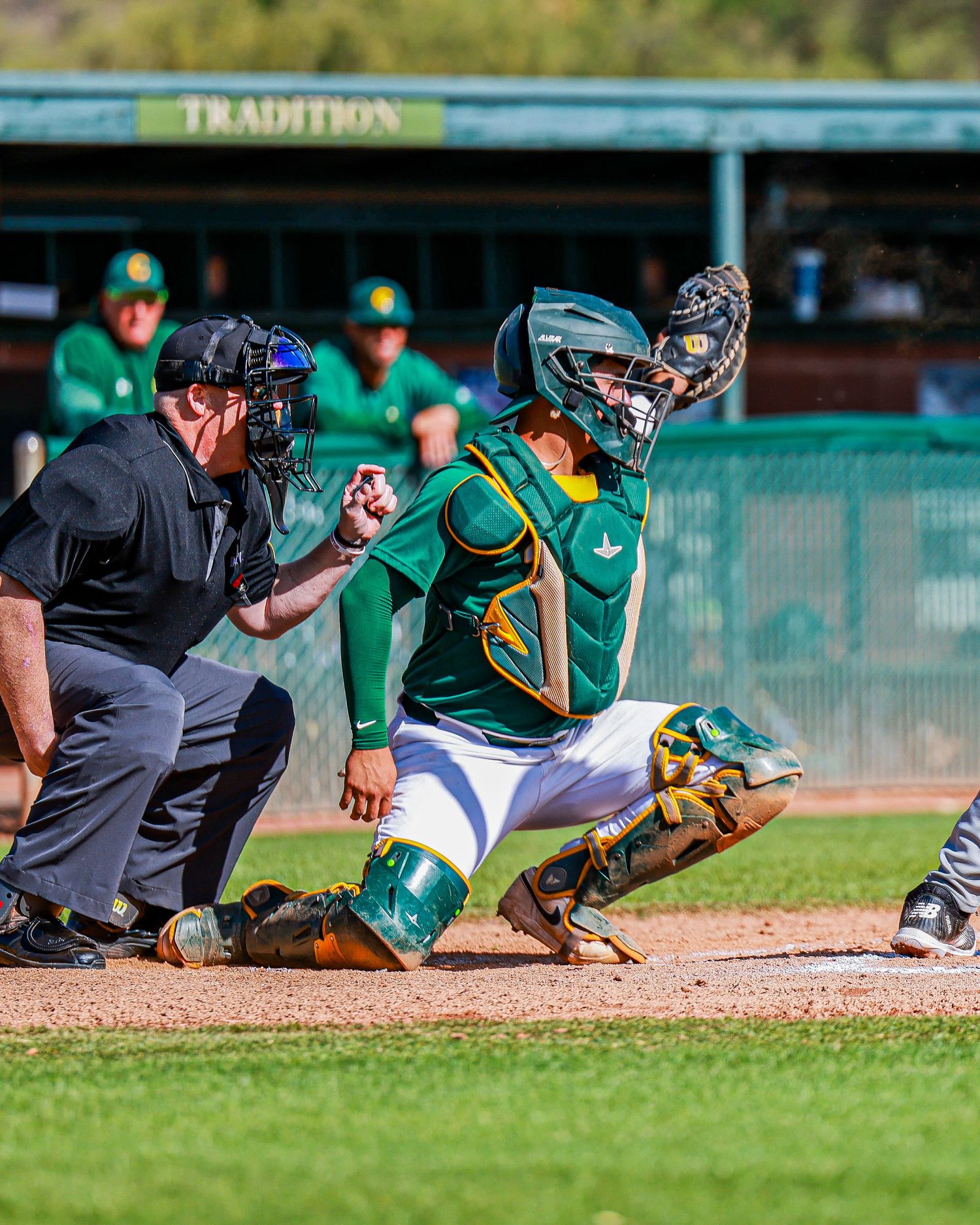 Baseball catcher in green gear crouches to receive pitch with umpire behind.