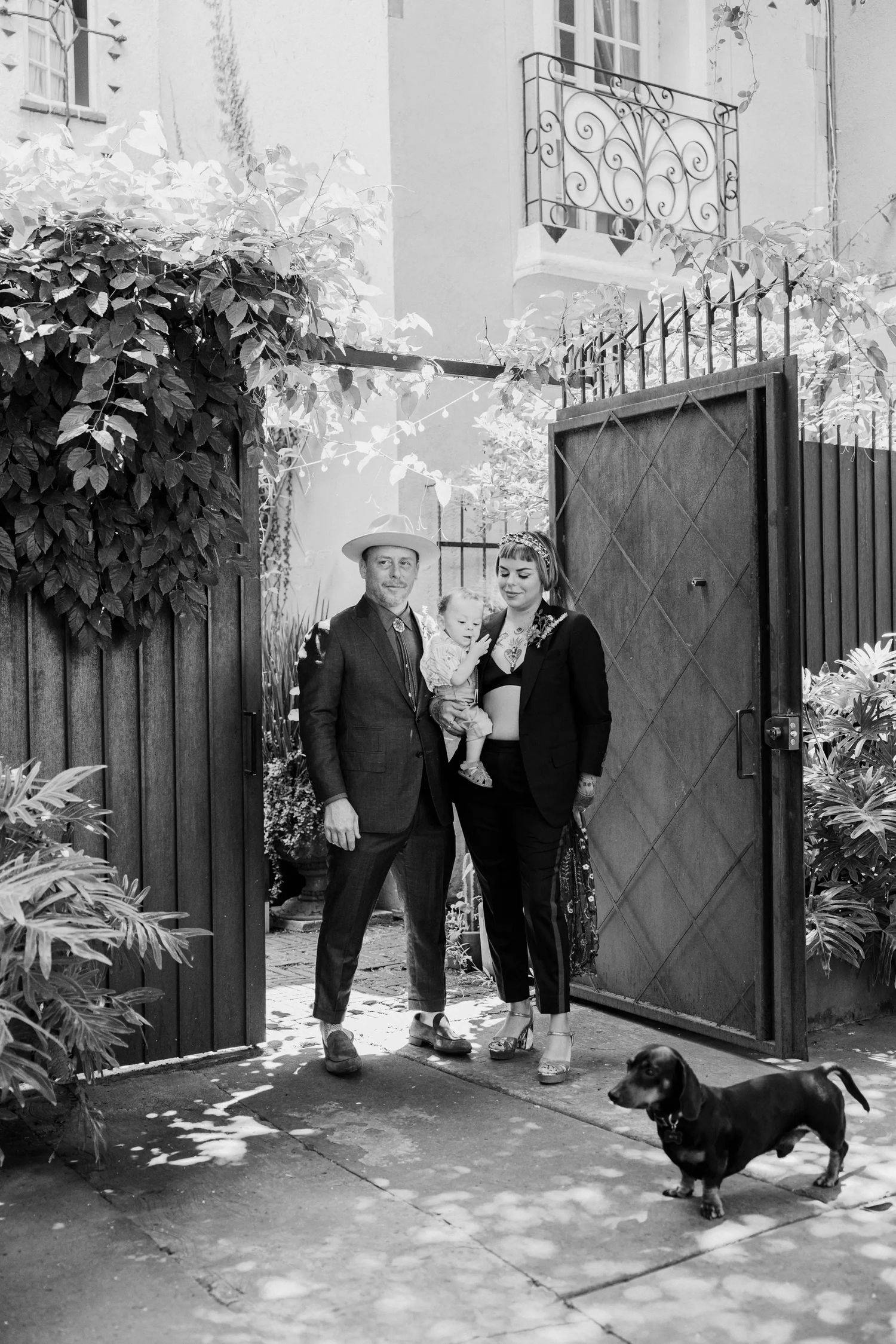 Stylish couple with baby and dachshund posing before iron gate with lush garden in black and white.