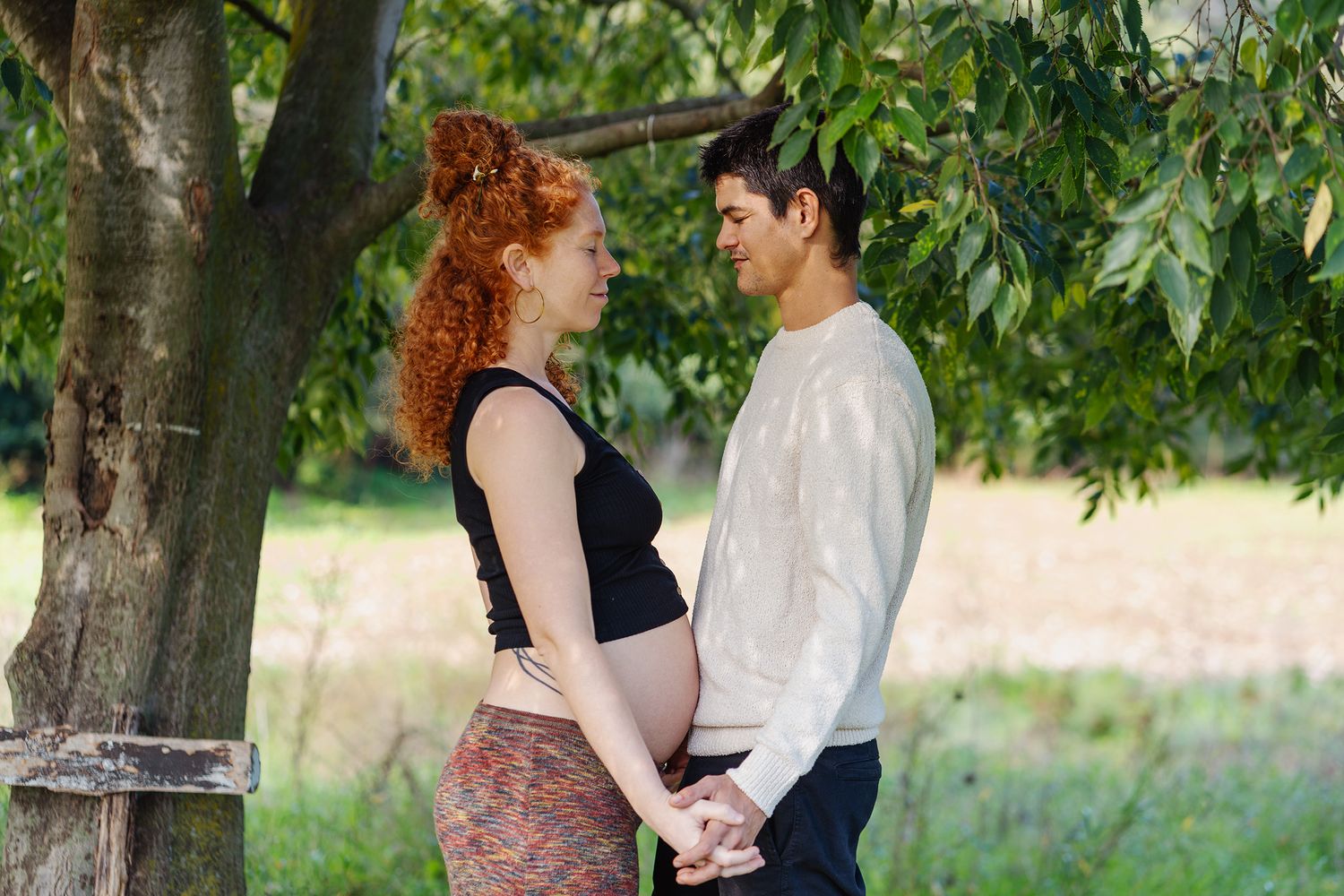 Couple hugging, the woman is pregnant