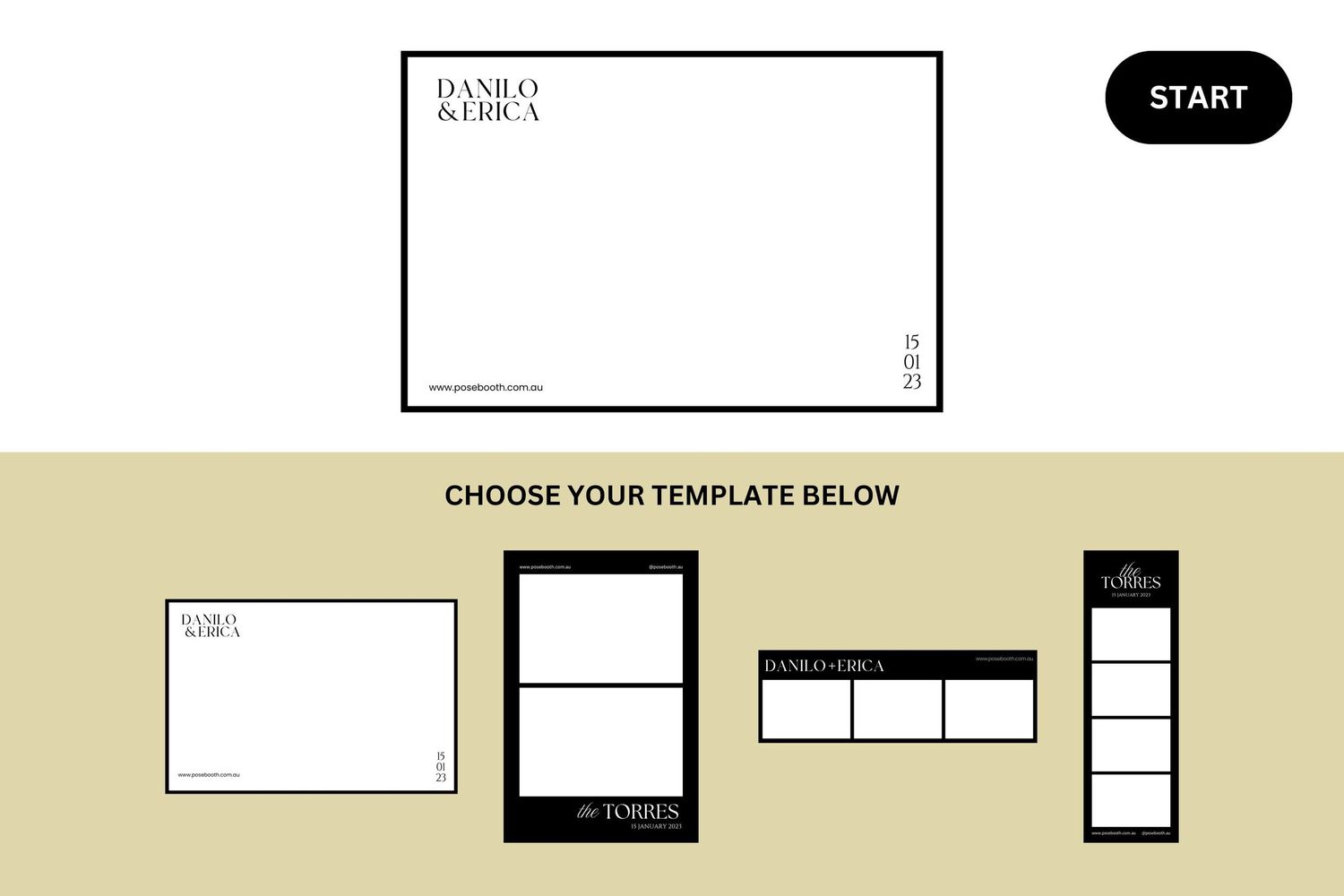 Website template selection interface showing four layout options with different orientations and grid patterns.