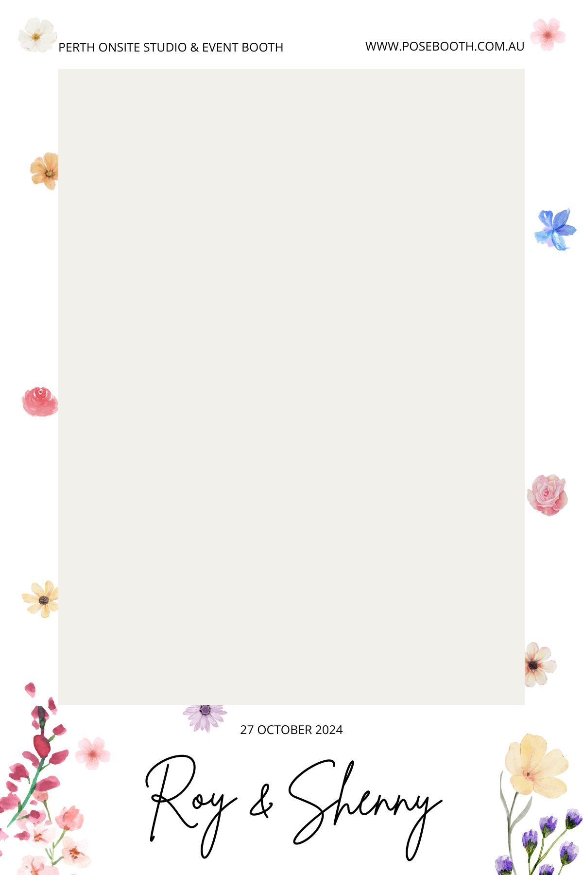 Wedding photo booth frame template with delicate watercolor flowers and 'Roy & Shenny' text for October event. Perth WA Photo booth Hire
