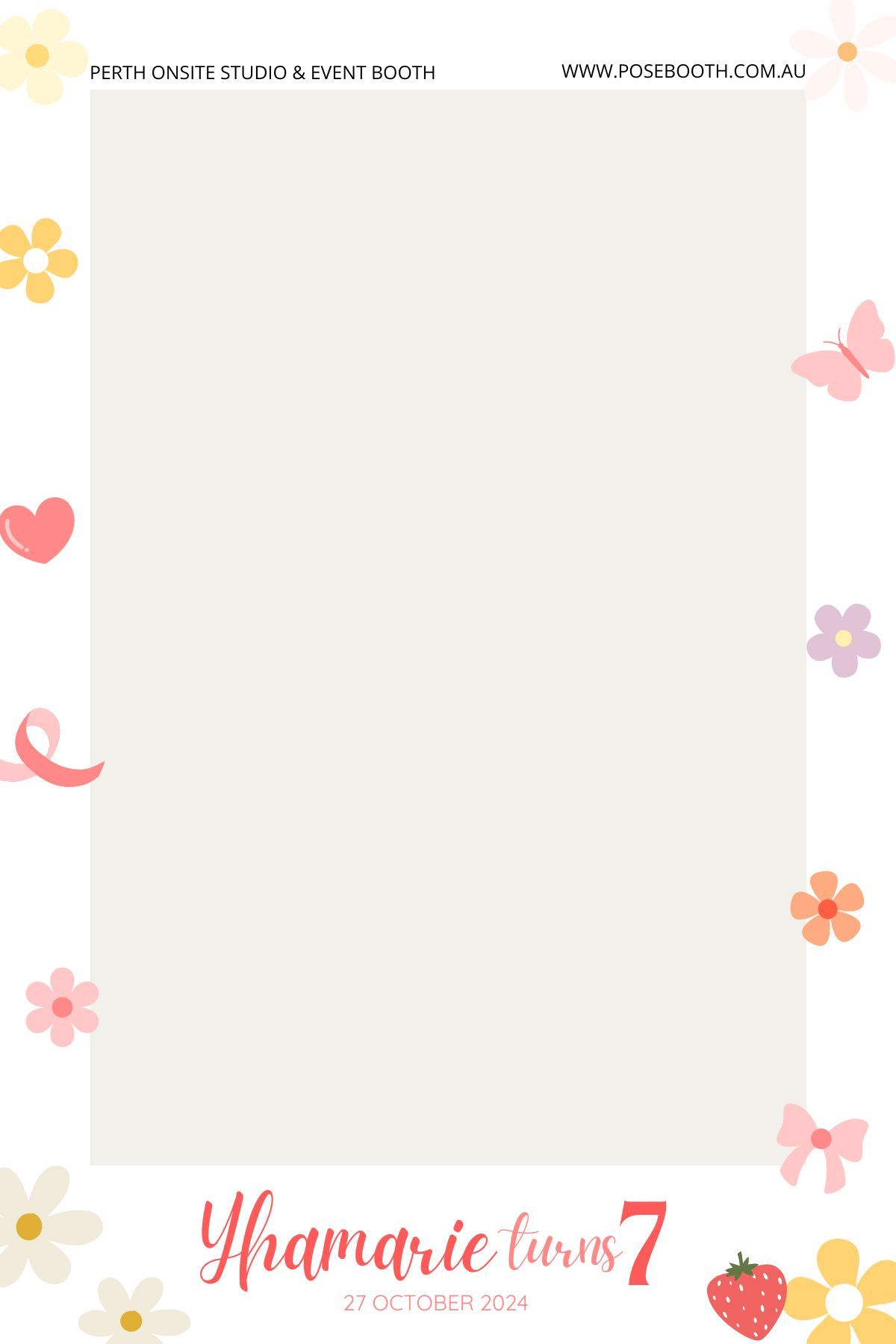 Decorative photo frame border with pastel flowers, butterflies and hearts. Perth WA Photo booth Hire Event Booth