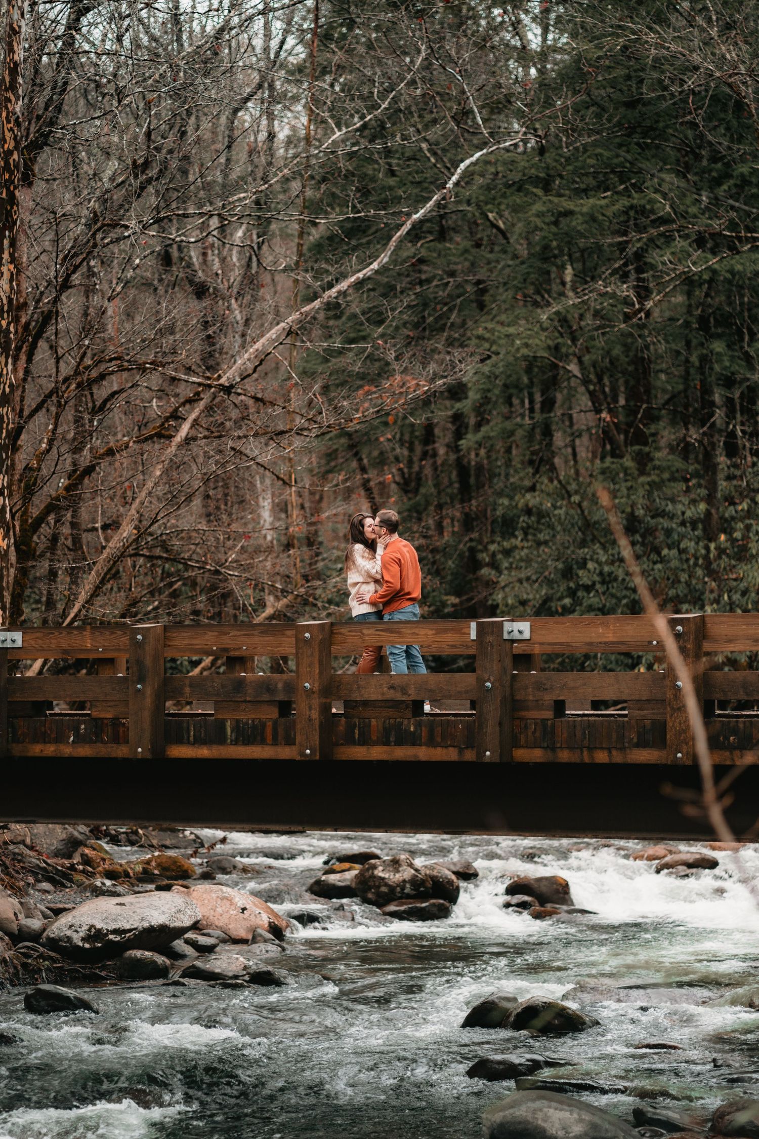 A couple stands on a wooden footbridge over rushing waters surrounded by bare winter trees and evergreens.
