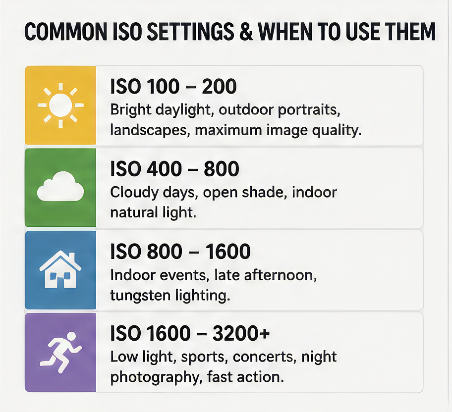 Infographic showing common ISO settings for photography, from ISO 100 to 3200+, with icons and usage tips.