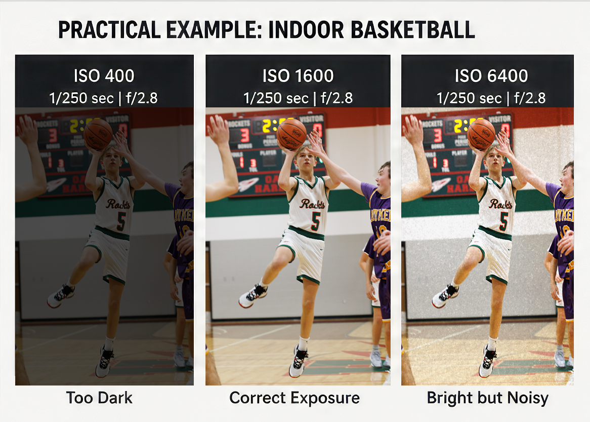 Three side-by-side photos comparing ISO settings in indoor basketball photography, showing exposure differences at ISO 400, 1600, and 6400.