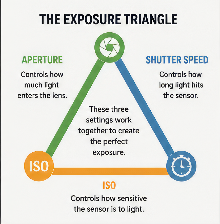 Diagram of the exposure triangle showing aperture, shutter speed, and ISO settings working together for perfect photography exposure.
