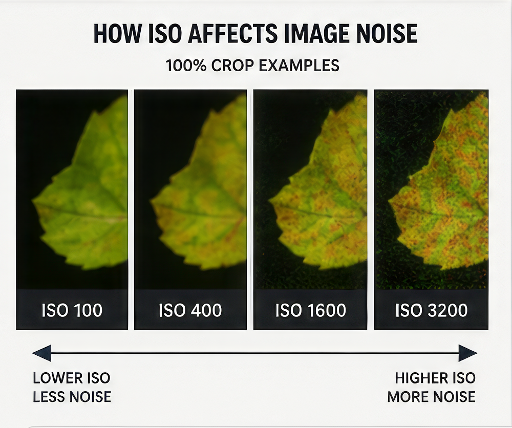 Four crop examples showing how ISO settings from 100 to 3200 affect image noise on a leaf photo.
