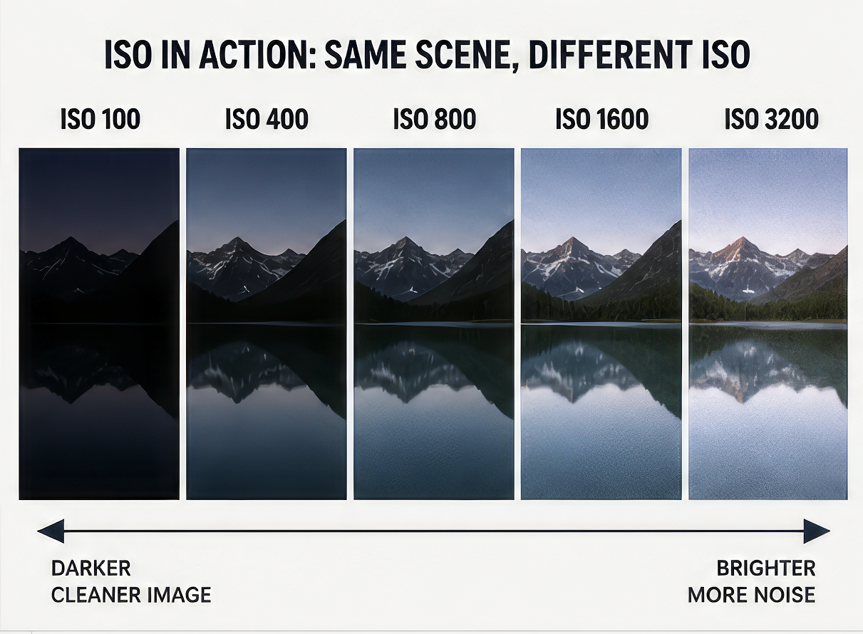 Five-panel comparison of ISO settings from 100 to 3200 showing mountain lake scene progression from dark and clean to bright and noisy.