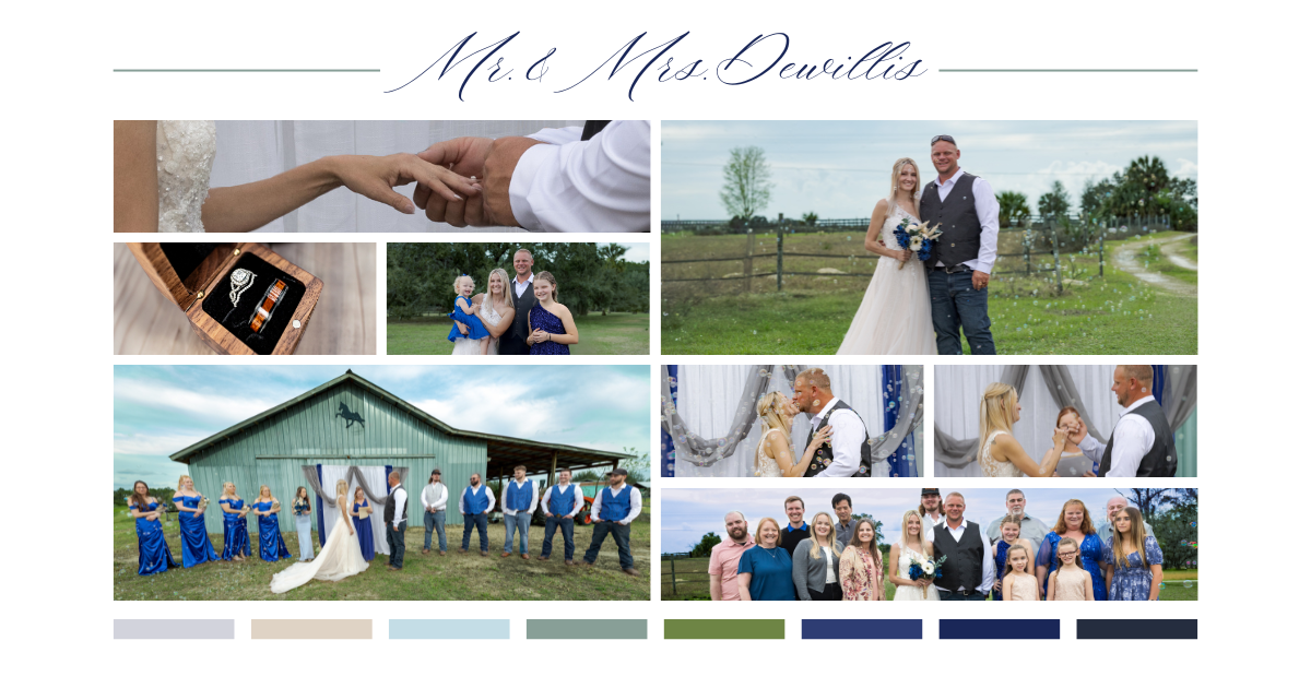 Wedding collage of Mr. & Mrs. Denilles featuring ceremony, bridal party in blue, couple portraits, and reception moments.
