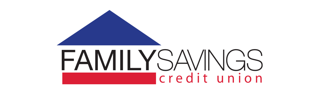 Family Savings Credit Union logo featuring a blue house icon above bold text with a red accent bar.