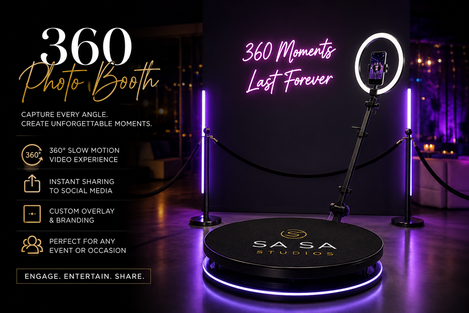 360 photo booth platform with ring light and LED poles for slow motion video experiences at events.