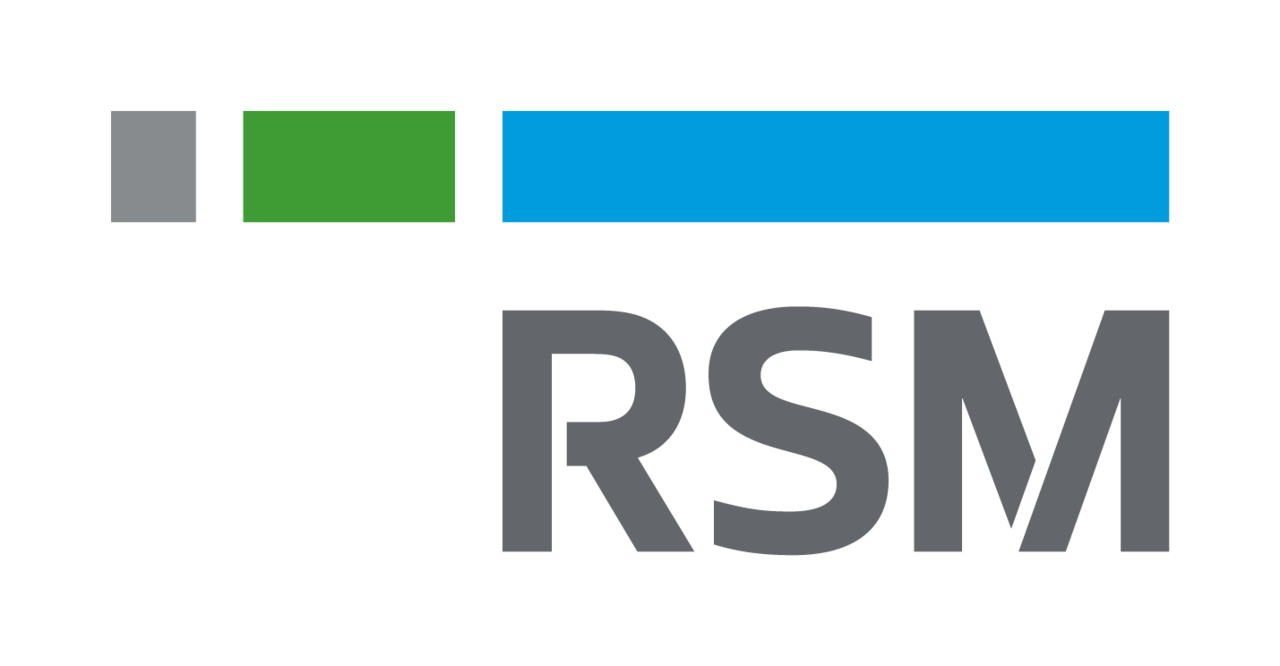 RSM logo featuring gray and green squares with a blue rectangle above bold RSM text on white background.