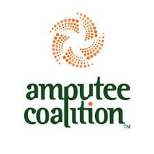 Amputee Coalition logo featuring an orange dotted swirl symbol above green and orange text on white background.
