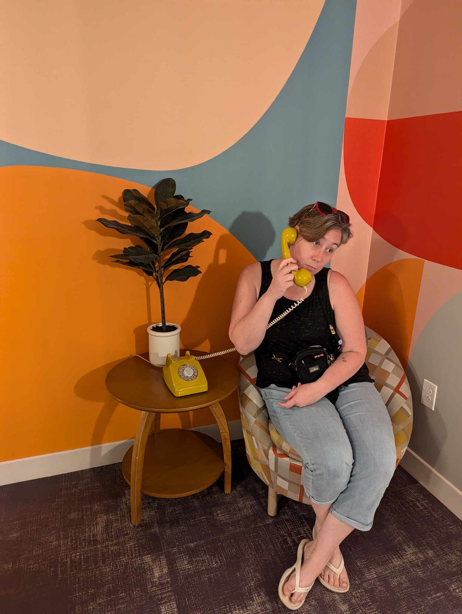 Self portrait in the hotel lobby in Ohio with a very 1970s vibe