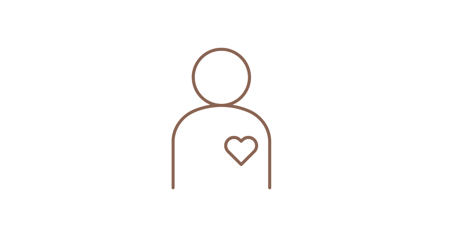 A minimalist line icon of a person with a heart symbol on their chest, representing care, health, or wellness concepts.