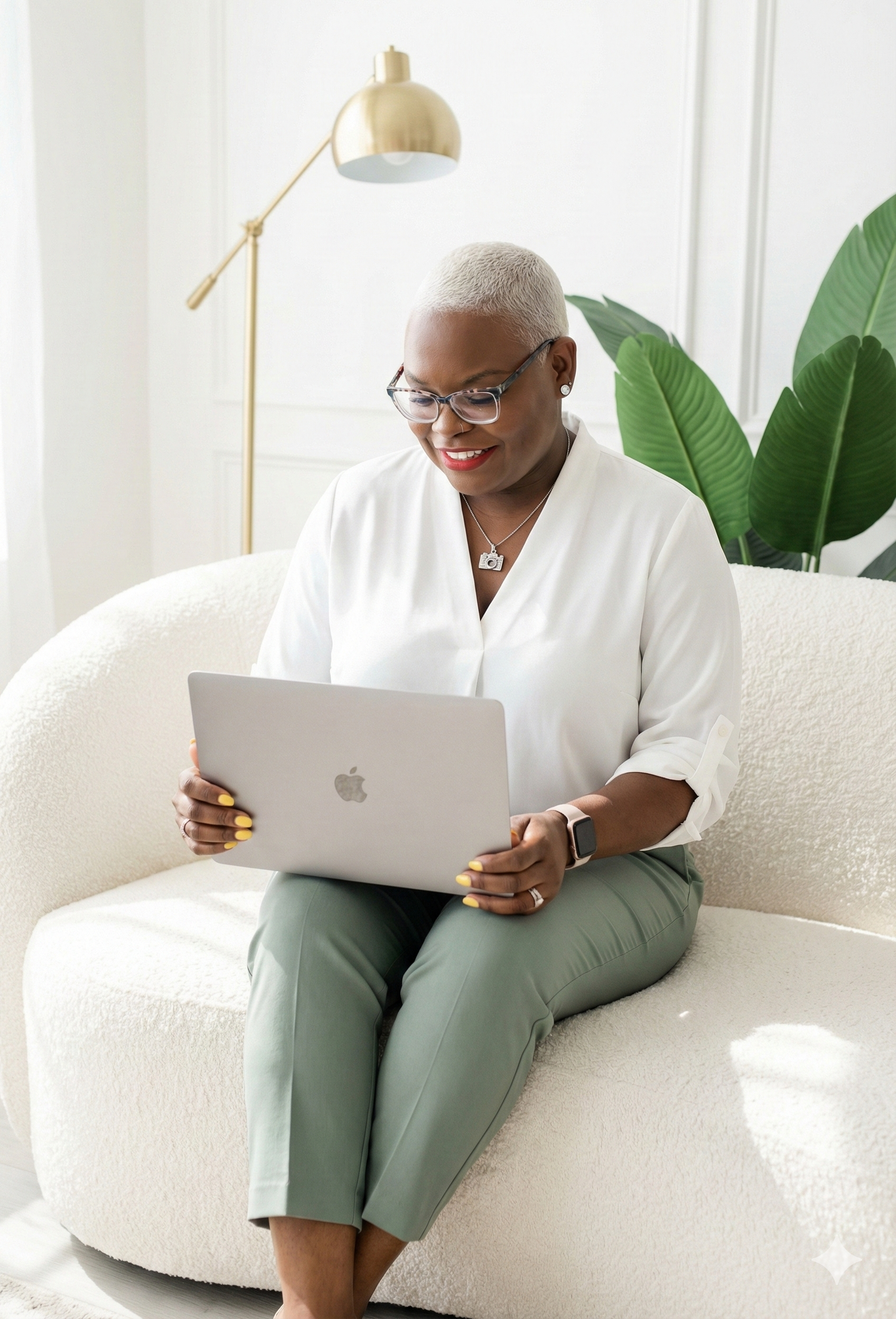Professional seated on white couch working with laptop in bright modern room wearing sage green pants.