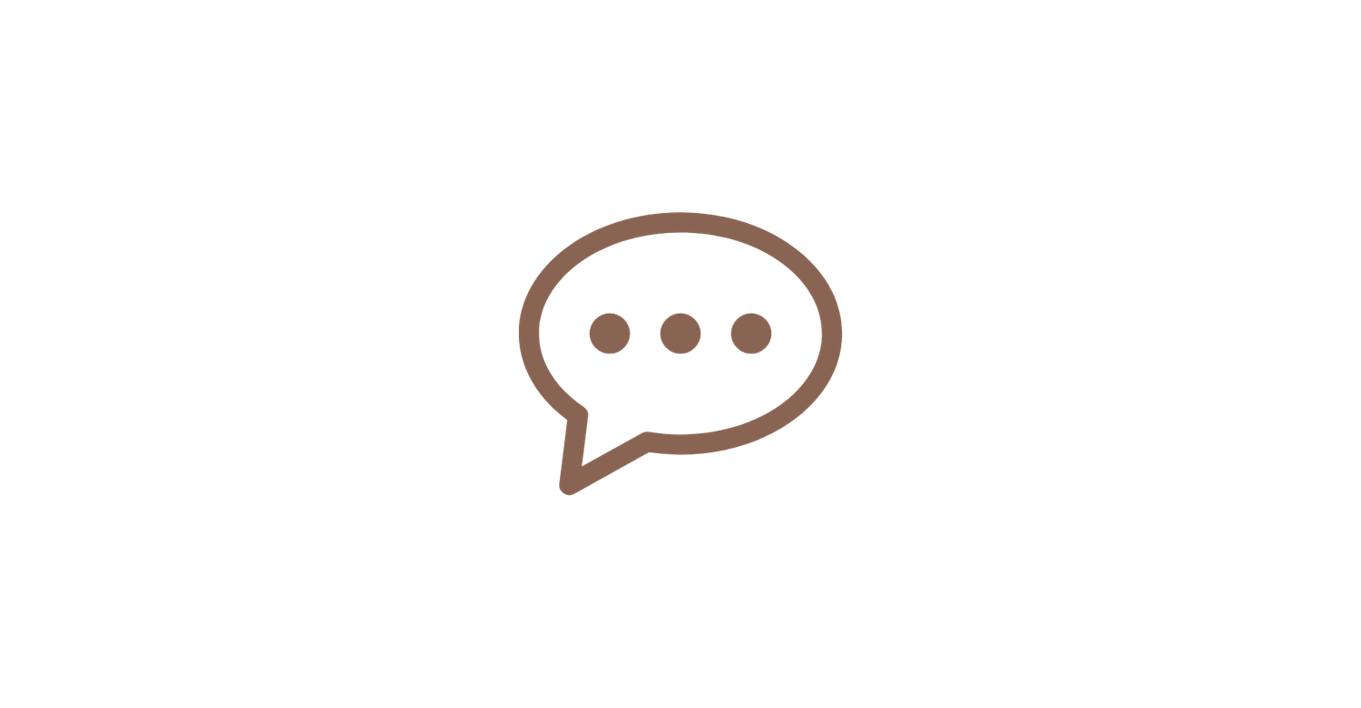 Brown speech bubble icon with three dots, representing chat or messaging on a white background.