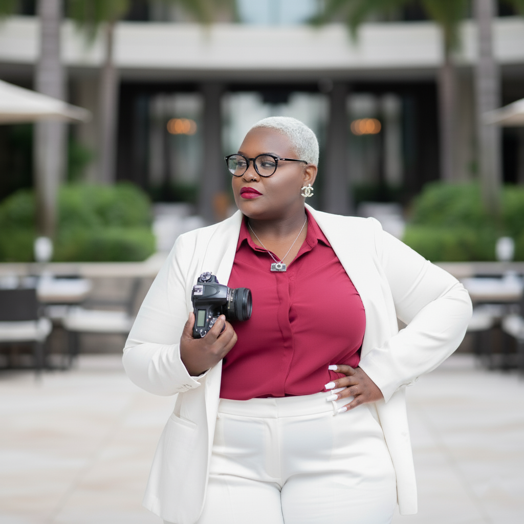 A confident Black woman photographer in a white blazer and magenta shirt holds a camera outdoors.
