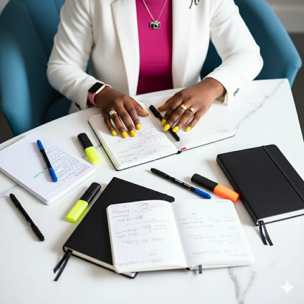 A professional Black woman in a white blazer writes in notebooks surrounded by colorful highlighters on a marble desk.