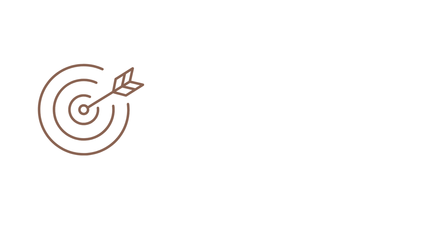 A minimalist line art target with bullseye and arrow icon in brown tones on white background.
