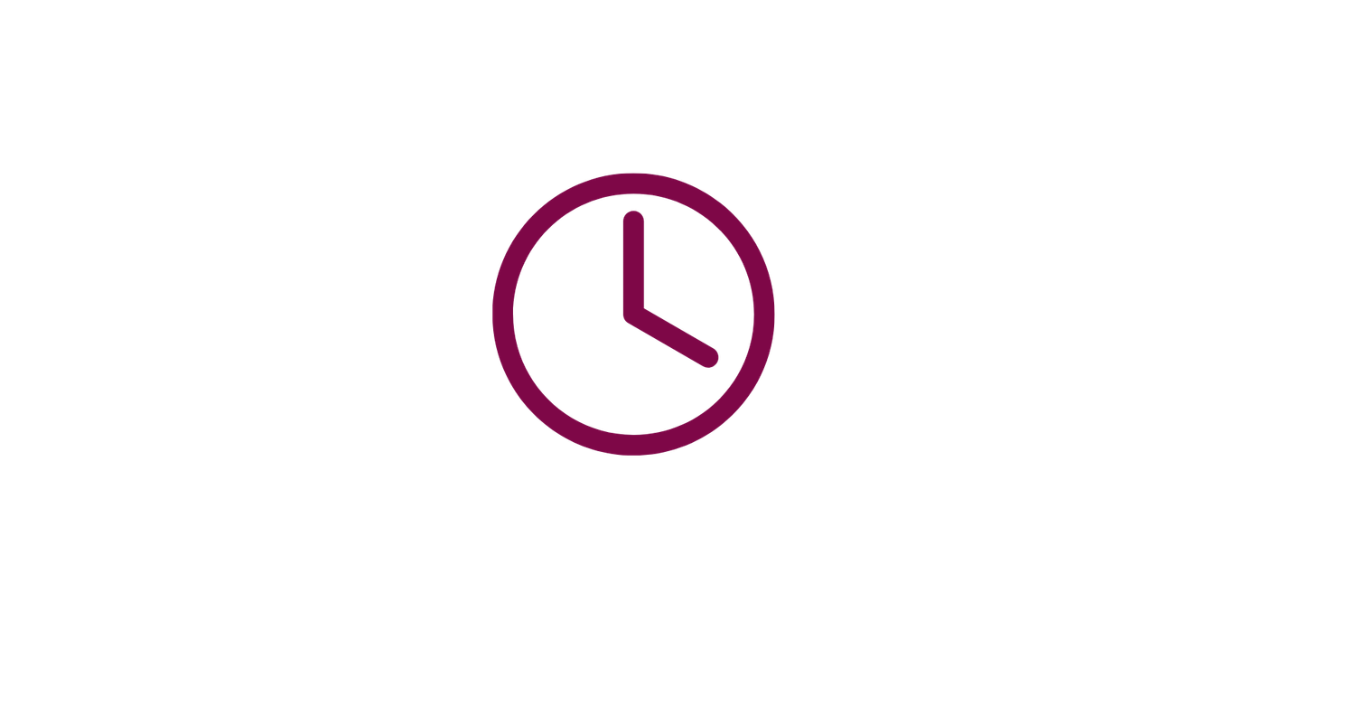 Dark pink clock icon with hour and minute hands on white background, representing time management.