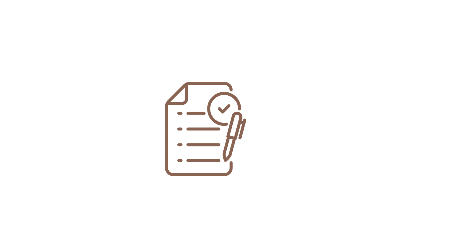 A minimalist line icon of a document with a checkmark and pen, rendered in warm brown tones on white background.