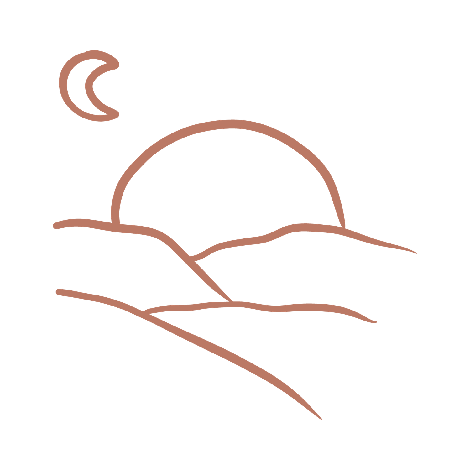 Minimalist line drawing of sunset with moon over hills in rose gold.