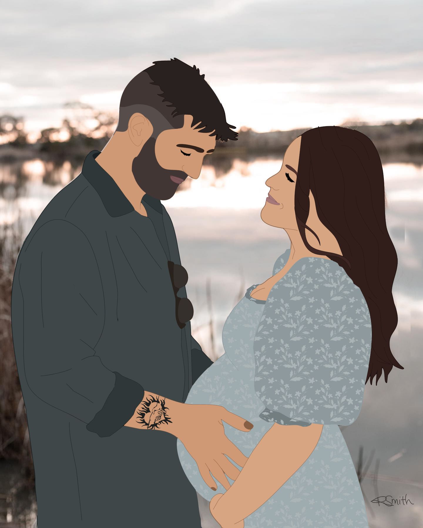 Digital illustration of an intimate romantic couple embracing by a lake at sunset as they share a tender moment together.