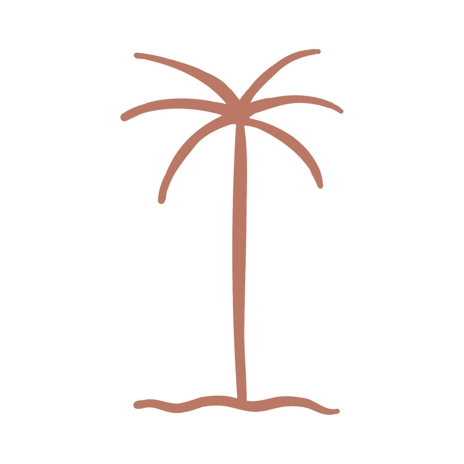 Minimalist palm tree illustration drawn in coral pink on black background.
