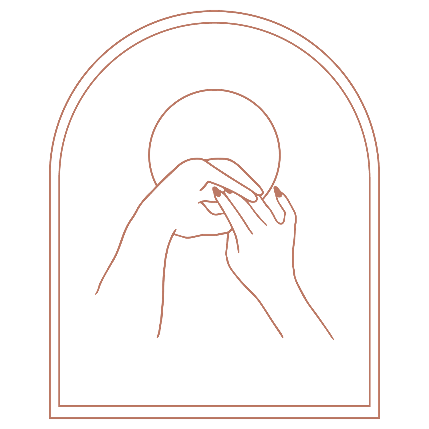 Minimalist arch-framed logo featuring hands covering circle design in coral pink.