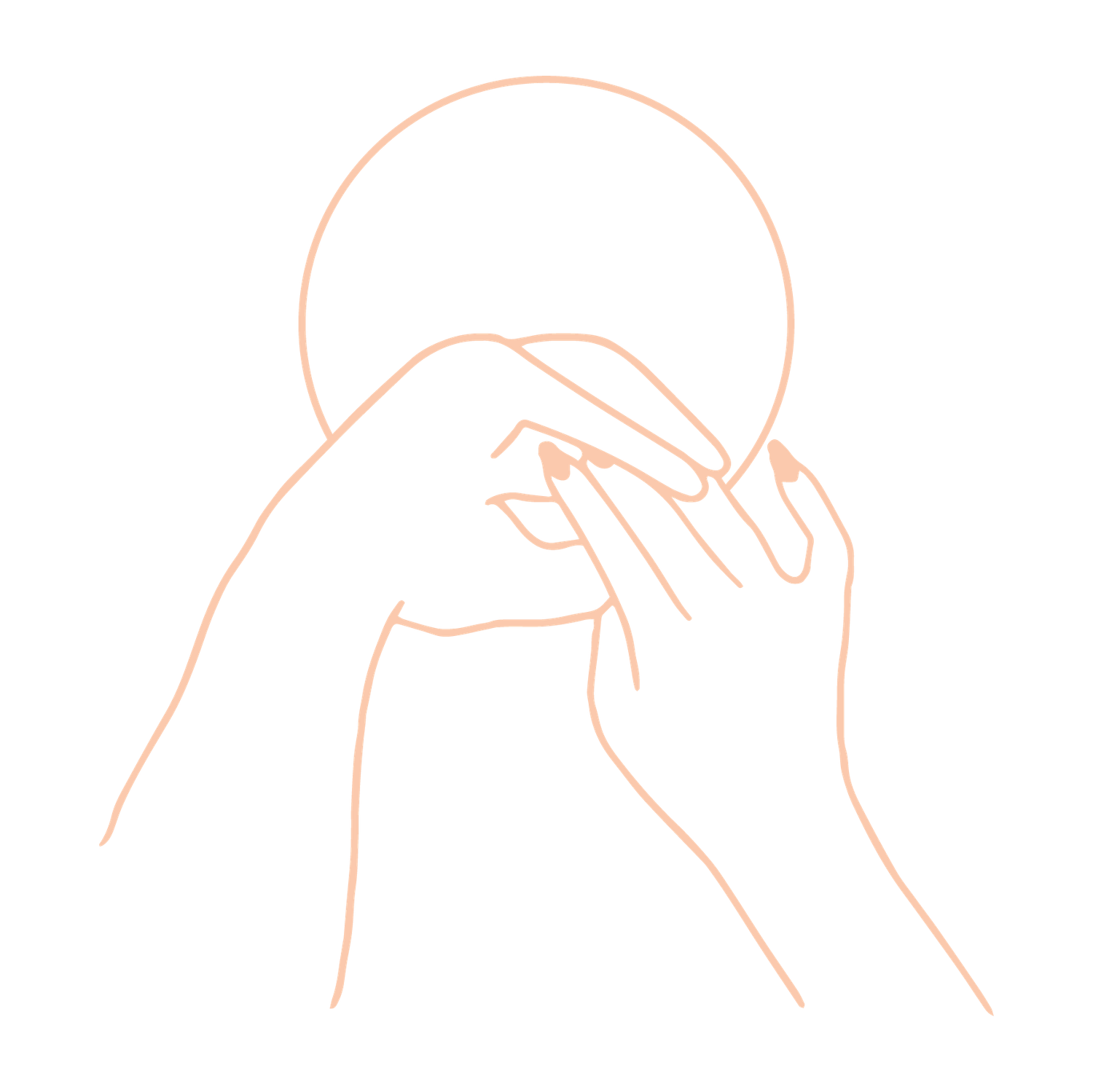 Simple line drawing of hands embracing in rose gold on black background.