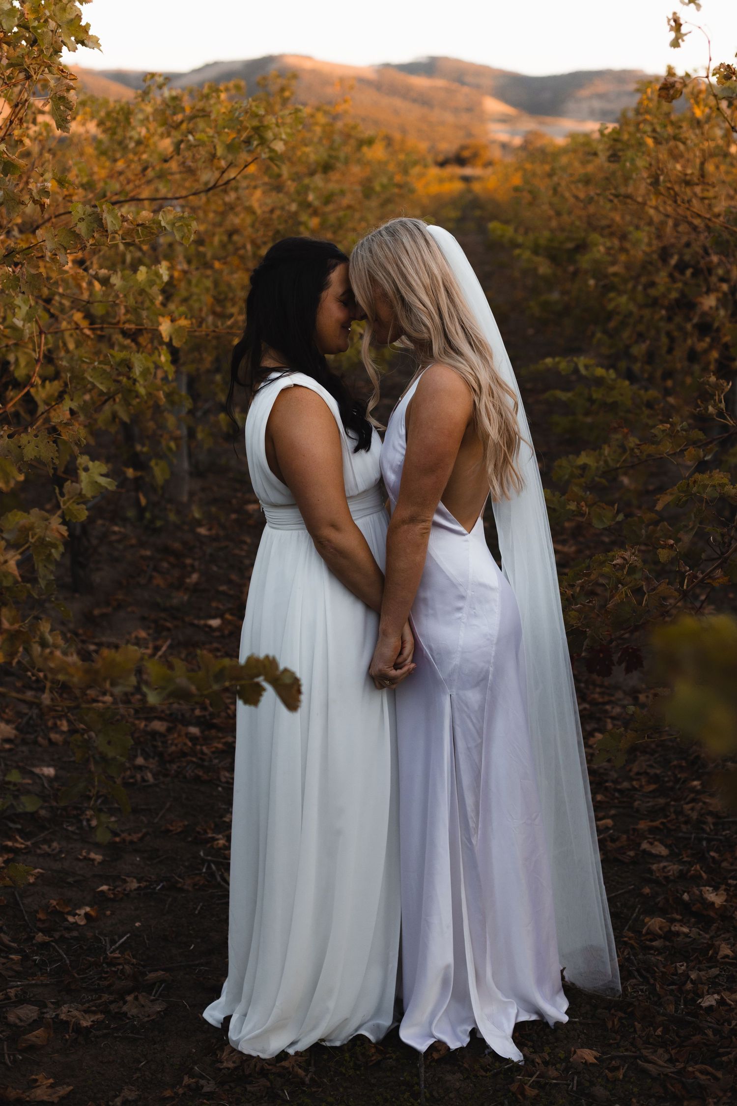 Two brides in white dresses sharing an intimate moment in an autumn vineyard at sunset.