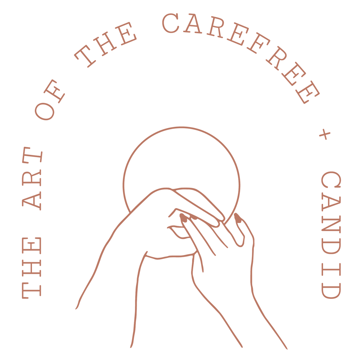 Line art illustration of hand covering face with text in circular border.