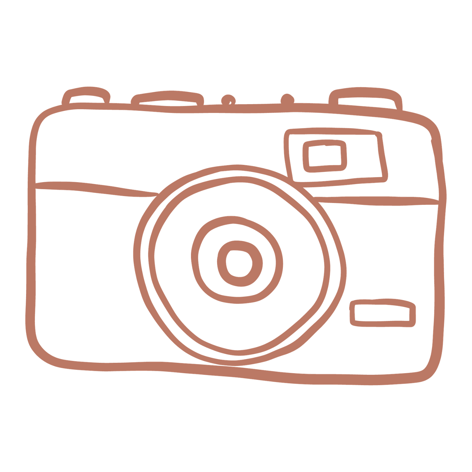 Simple line drawing of a vintage camera with lens and flash in coral pink against black background.